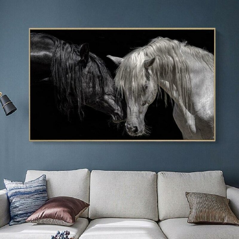 tableau cheval noir et blanc triste